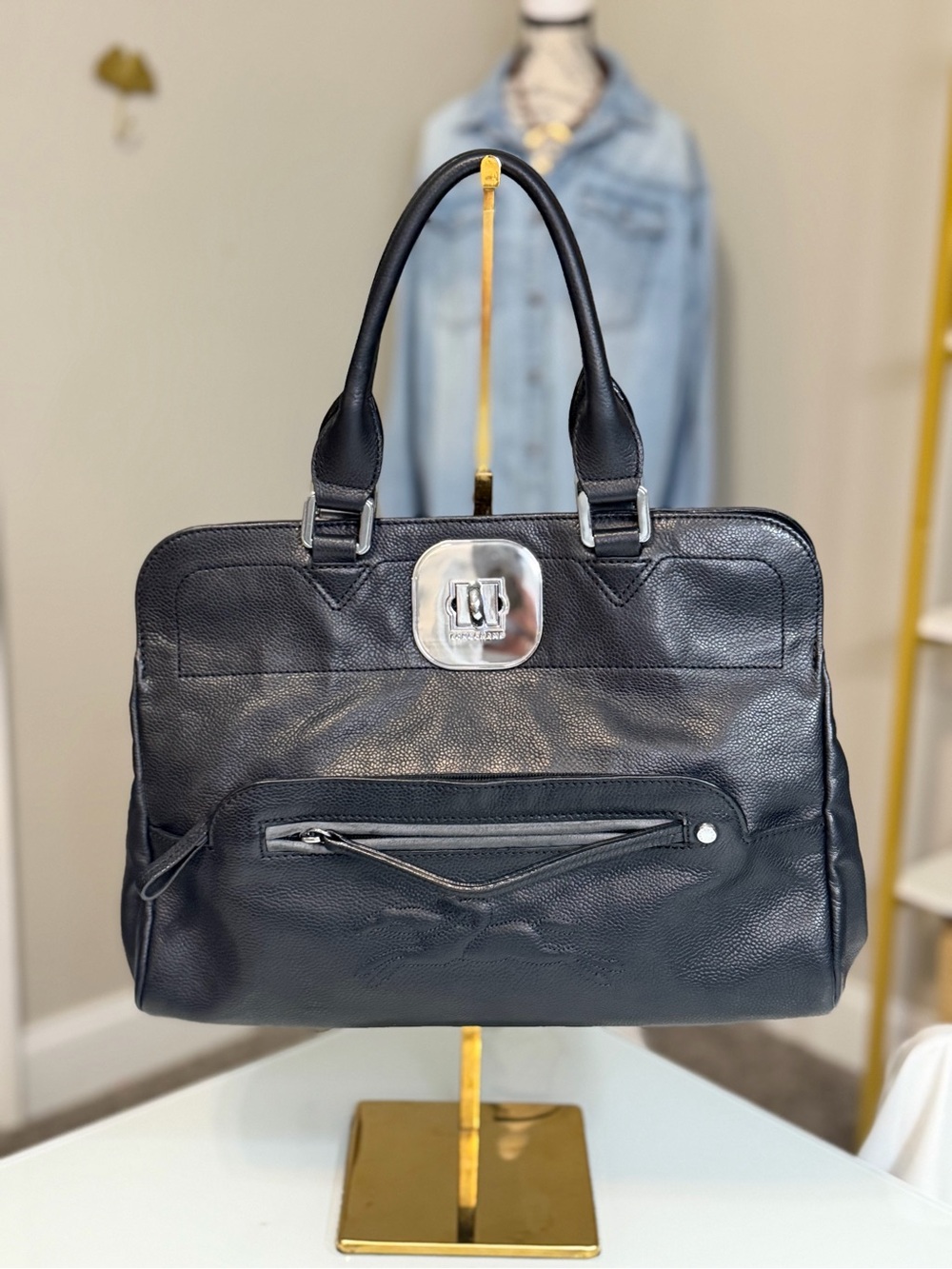 Longchamp Gatsby Black Leather Top-Handle Satchel with Silver Hardware